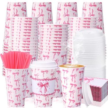 Imagem de Jingmore Conjunto de 50 xícaras de café descartáveis com laço rosa com tampa e canudo 473 ml xícaras de café com mangas para chá de bebê, capina, artigos de festa de aniversário