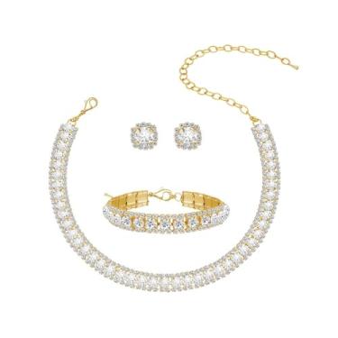 Imagem de Conjunto Colar Brinco Pulseira Choker Gargantilha Rivieira Zircônia Cúbica Dourado Prata Azul- Casamento Festa Formatura Debutante - Presente Noiva Namorada Mãe - Minimalista Elegante (Dourado-Prateado)