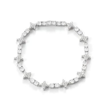 Imagem de LuxeFlex Pulseira de tênis estrela de 4 mm – Joia celestial unissex banhada a ouro 18 K banhado a ouro branco brilhante e gelado redondo 5A, acessórios de festa elegantes para presente, 8 inch, Latão