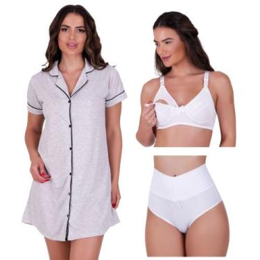 Imagem de Combo Camisola Blogueira com Botões + Sutiã Amamentação + Calcinha Pós