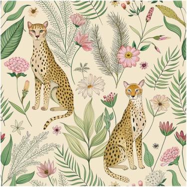 Imagem de Floralplus Papel de parede removível de guepardo floral, papel de parede de leopardo, selva, animal tropical, para quarto, boho, locatário, papel de contato autoadesivo 44,5 x 993 cm