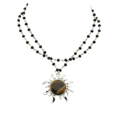 Imagem de Vanesseva Colar feminino com pingente de girassol com contas de dupla camada – joia de cristal celestial boho, colar de sol de pedra colorida, estilo hippie gótico bruxo, opala e pedra da lua, Zinco