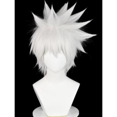 Imagem de Peruca de cosplay meio curta prateada branca de anime masculina - Half