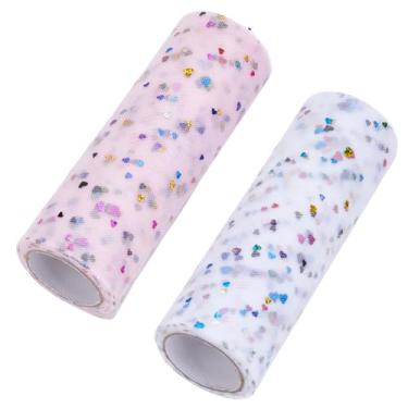 Imagem de PLIGREAT 2 rolos de tecido de tule, 14 cm × 10 metros colorido coração tule rolo de malha de nylon para artesanato faça você mesmo, casamento, festa de aniversário, decoração de noiva, laço de cabelo