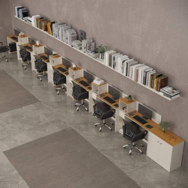 Imagem de Conjunto De Escritório Tech 6 Livreiro 1 Buffet E 7 Mesas 90 - Off White E Cedro Off White E Cedro
