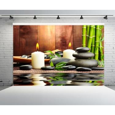 Imagem de CHNYWORK 2,7 x 1,8 m Zen cenário de jardim velas de bambu pedra basalto spa água pedra zen relaxamento fundo japonês meditação spa aniversário festa casamento decoração cabine foto estúdio adereços