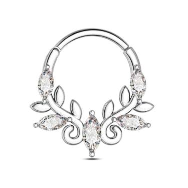 Imagem de CM Crareesi Mania Anéis de septo rosa, joias de perfuração de septo de folha, brincos Daith de aço cirúrgico 316L, anéis de cartilagem de hélice Daith 16G para mulheres, Metal, Zircônia cúbica