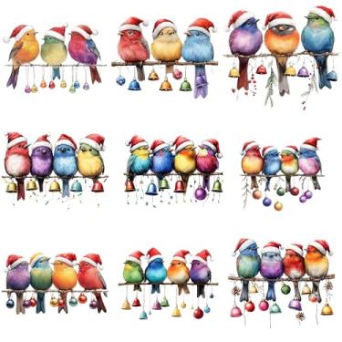Imagem de GioXtra Adesivos de parede de pássaros coloridos engraçados - 9 peças de adesivos de parede de pássaros de Natal no galho, decalques de vinil aquarela, armário de janela, decoração de geladeira para