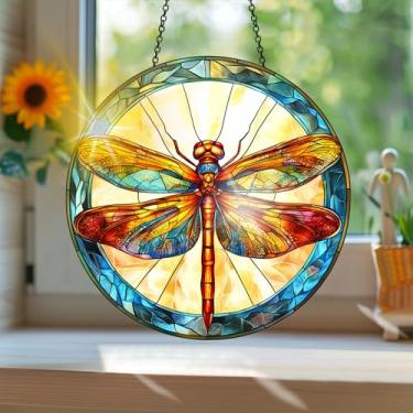 Imagem de Acrílico colorido Suncatcher, apanhador de sol estilo vitral impresso libélula com reflexos de arco-íris, decoração de janela suspensa, decoração de parede, ornamentos de Natal para uso interno e