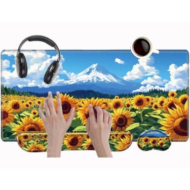 Imagem de Tapete de mouse e teclado de girassol conjunto de tapete de mesa japonês para jogos com suporte de pulso XXL tapete de computador 80 cm x 40 cm decoração de organização