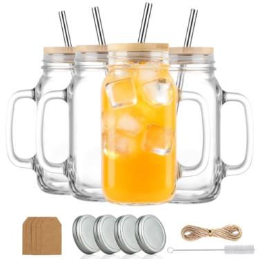 Imagem de LOSANJI Copos de pote de vidro de 680 g com alças, xícara de café gelada grande de boca larga com tampas e canudos de bambu, caneca de vidro para garrafa de vidro, copo para smoothie, água fria, suco