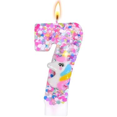Imagem de Decoração de velas de aniversário com número de unicórnio, suprimentos de festa de aniversário com tema de unicórnio, topo de bolo de aniversário de lantejoulas com glitter para meninos e meninas