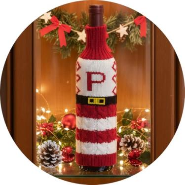 Imagem de Suéter de Natal para garrafa de vinho com letra A – Z, garrafas de manga de malha, decoração de mesa, reutilizável, roupa de garrafa estilo Papai Noel