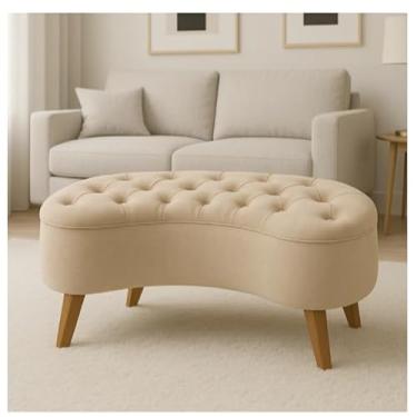 Imagem de Puff Feijão Estofado em Veludo com Pés de Madeira – Banqueta Curvada Decorativa para Sala e Recepção(Bege)