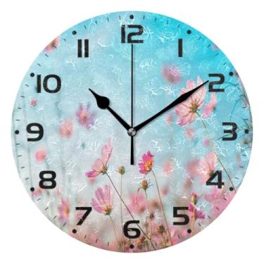 Imagem de JUZIHAI Lindo relógio de parede com flores cosmos, silencioso, redondo, sem tique-taque, operado por bateria, fácil de ler, relógio decorativo de parede para casa, cozinha, sala de estar, quarto