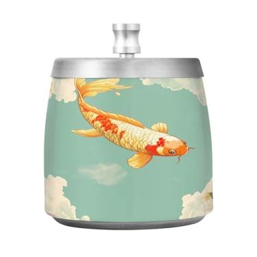 Imagem de Qilmy Cinzeiro de aço inoxidável Golden Koi Fish com tampa - Cinzeiro de cigarro à prova de vento sem cheiro sem fumaça para casa, escritório, carro, pátio, varanda (uso interno e externo)