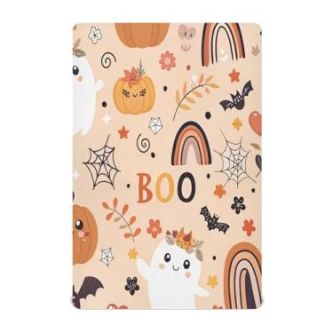 Imagem de JUZIHAI Lençol de berço de Halloween para meninos e meninas, Halloween Boo Pumpkin macio elástico respirável para berço padrão e cama infantil, 132 x 71 cm