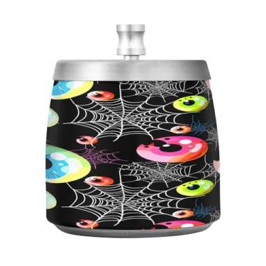 Imagem de Qilmy Cinzeiro de aço inoxidável colorido de Halloween com tampa - Cinzeiro de cigarro à prova de vento sem cheiro sem fumaça para casa, escritório, carro, pátio, varanda (uso interno e externo)