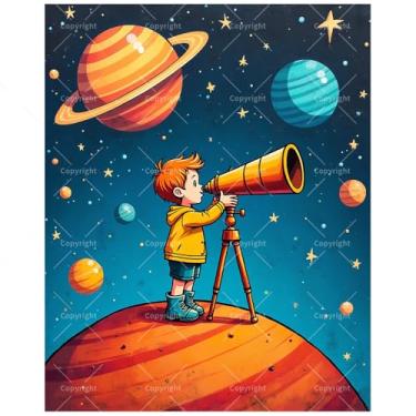 Imagem de Kit de pintura espacial por números para adultos - DIY menino com telescópio e planetas pintura em tela 40 x 50 cm, conjunto de tinta acrílica, adequado para iniciantes, arte para decoração de casa ou