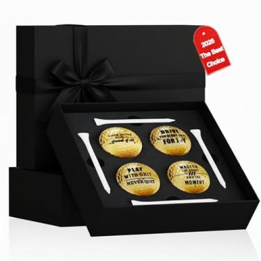 Imagem de Cotkkstt Conjunto de 4 bolas de golfe douradas para homens, presentes de golfe inspiradores para pai e marido, acessórios engraçados de Natal para aposentadoria com camisetas, caixa de presente de