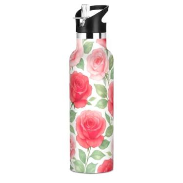 Imagem de Joisal Garrafa de água aquarela rosas rosas verdes folhas verdes com tampa de canudo garrafas de água de aço inoxidável isoladas para meninos meninas 590 ml livre de BPA copos de viagem de parede