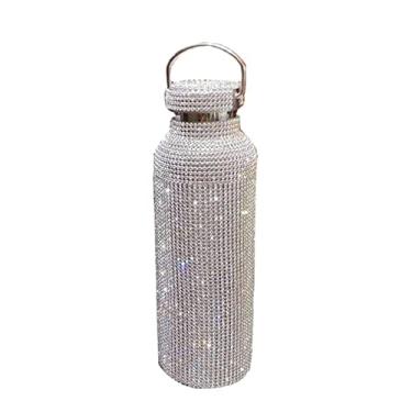 Imagem de Garrafa térmica brilhante strass parede dupla caneca copo térmico diamante garrafa de água térmica portátil para exterior (cor: prata, tamanho: 350ml)