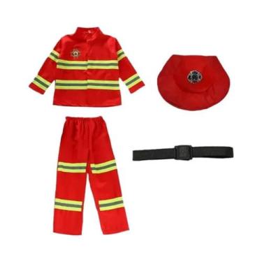 Imagem de Fantasia De Bombeiro Infantil Vermelha Com Listras Refletivas, Conjunt