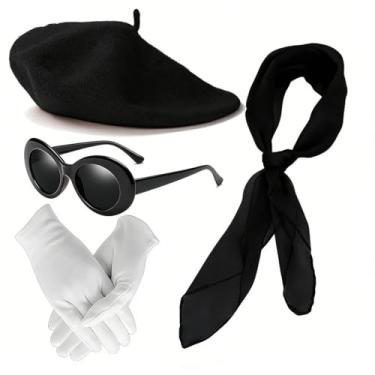 Imagem de SAISISAIKER 4 peças de chapéu de boina francesa cachecol luvas de óculos de sol para mulheres, kit de fantasia de mímica francesa dos anos 50 para festas de Halloween (preto)