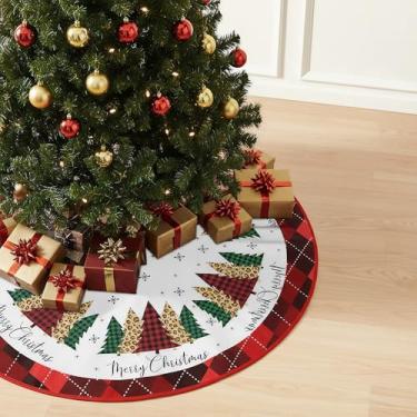 Imagem de Saia de árvore de Natal com árvores coloridas e estampa xadrez, tapete de árvore vermelha de 88 cm para decoração de férias, inverno, Natal, ambientes internos e externos