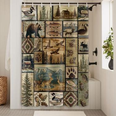 Imagem de Hajmsug Cortina de chuveiro rústica Bear Lodge, conjunto de cortina de chuveiro vintage para casa de fazenda, pato selvagem, peixe, montanha, colina, retrô, barhroom com ganchos, 121 x 182 cm.