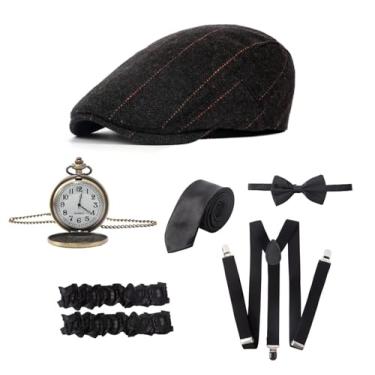 Imagem de Acessórios masculinos anos 20, Gatsby, estilo jornaleiro, 20, acessórios para homens e anos 20, conjunto de acessórios para gangster, suspensórios, relógio de bolso, Preto, tamanho �nico
