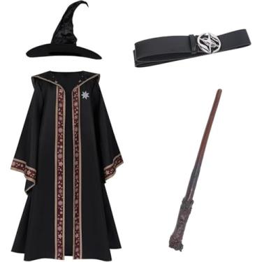 Imagem de AGCOAH Fantasia infantil de feiticeiro para meninos e meninas, roupas de bruxo das trevas com cinto de chapéu, varinha mágica, cosplay de Halloween (6-14 anos), Preto, GG