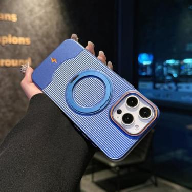 Imagem de Capa para iPhone 14 Plus com suporte magnético giratório 360° para carro, em metal, cor sólida, azul.