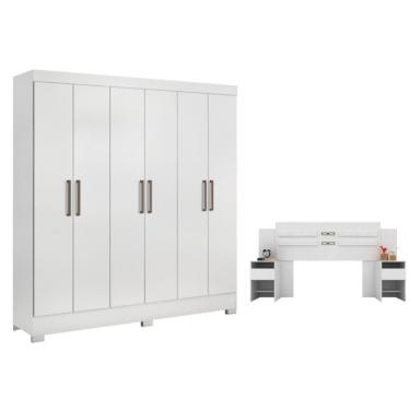 Imagem de Conjunto Cabeceira e Guarda Roupa Casal Ferrara 6 Portas de Bater 3 Gavetas MDP Branco Casa H