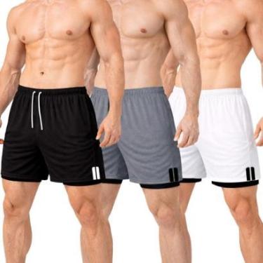 Imagem de Kit 3 Short Treino Térmico 2 em 1 com Bolso Porta-Toalha Calção Fitness Academia-Masculino