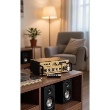 Imagem de Mini Amplificador Dourado Bluetooth USB MP3 FM Karaoke - Congratulatio