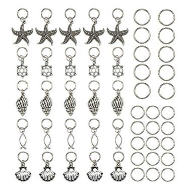 Imagem de HEEPDD Anéis de trança de cabelo, 50 peças de liga de prata, anéis de laço de cabelo, conchas, pingentes de estrela-do-mar, acessórios para prendedor de cabelo, acessórios de faixa de cabelo