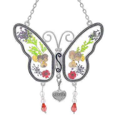 Imagem de BANBERRY DESIGNS Sisters Butterfly Sun Catcher - Dried Flowers and Sister Charm - 4 1/4"