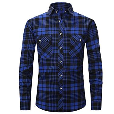 Imagem de Jueshanzj Camisa xadrez masculina de flanela manga longa com bolsos duplos, Azul, GG
