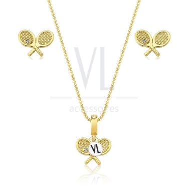 Imagem de Colar E Brinco Raquetes De Tennis Com Revestimento Em Ouro