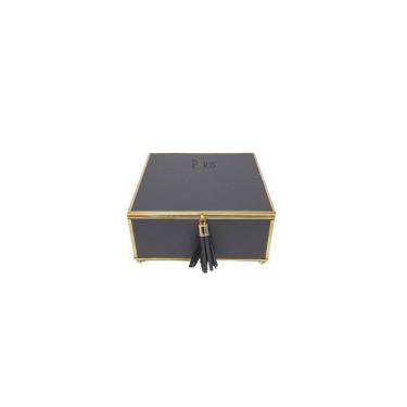 Imagem de Caixa Decorativa Quadrada de Vidro e Couro Sintético Preto e Dourado 18cm