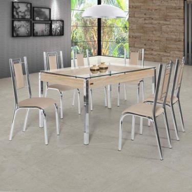 Imagem de Conjunto Sala de Jantar com Mesa Tampo de Vidro 6 Cadeiras Bela Premium Ciplafe Cromado/Linho Bege