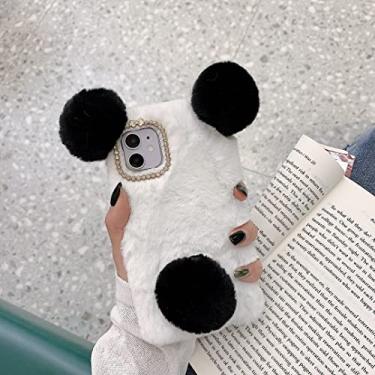 Imagem de HFICY Capa de telefone feminina compatível com Motorola Moto Z4 com 2 unidades de protetor de tela de vidro temperado, capa quente peluda fofa de pele sintética (Panda branco)