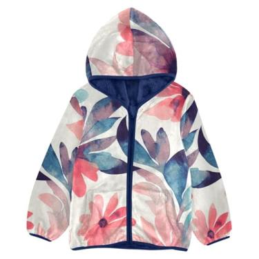 Imagem de KLL Jaqueta infantil com estampa floral abstrata com estampa floral e forro de ovelha azul marinho com zíper para bebê 3T, Flores com padrão floral abstrato, 4 Anos