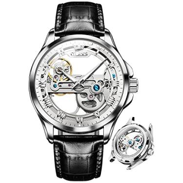 Imagem de OLEVS Relógio de pulso masculino esqueleto automático, automático, mecânico, luxuoso, à prova d'água, luminoso, Relógio esqueleto: mostrador branco de couro preto, relógio social