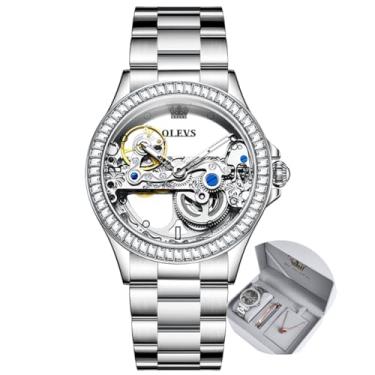 Imagem de OLEVS Relógio feminino esqueleto, automático, mecânico, prata, luxuoso, à prova d'água, luminoso, conjunto de presente, Aço inoxidável, Moderno