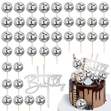 Imagem de 41 peças de enfeite de cupcake de bola de discoteca - Topo de bolo de feliz aniversário - Decorações de bolo de bola de discoteca dos anos 70 - Lembrança de festa temática dos anos 70