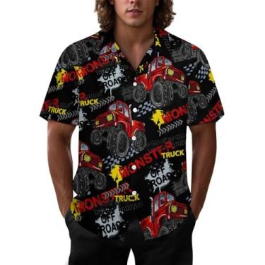 Imagem de Joyidec Camisa masculina havaiana casual de botão manga curta tropical férias férias Aloha camisa masculina divertida, Carro Monstro Caminhão Colorido, M