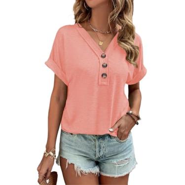 Imagem de Camisetas femininas de verão da moda primavera abotoadas camisetas de manga curta camisetas casuais gola V roupas, Rosa coral, M