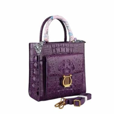 Imagem de Bolsa feminina com pele de jacaré genuína, pequena, bolsa de ombro cruzada, autêntica de couro de crocodilo verdadeiro, bolsa de mão, Roxa, 20cm(Length) x 20cm(Height) x 10cm(Deep)